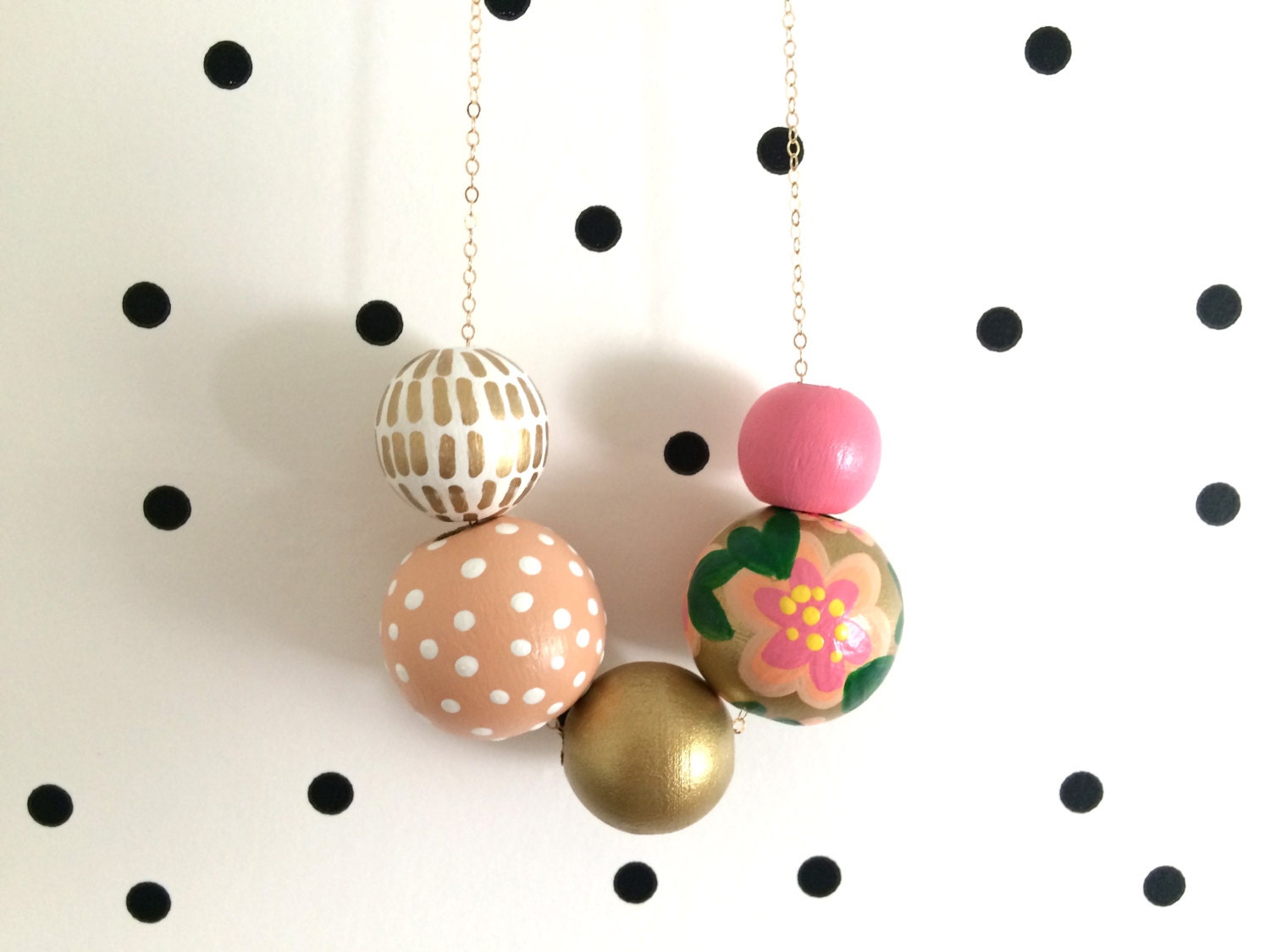 Pink & Gold // Hand Painted Wooden Bead Necklace by shoplulapearl