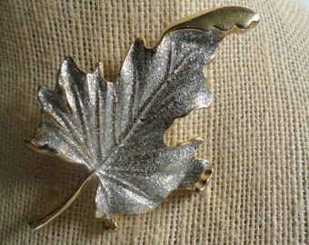 Brooch - Sparkly Maple Leaf - Gold tone and silver sparkles