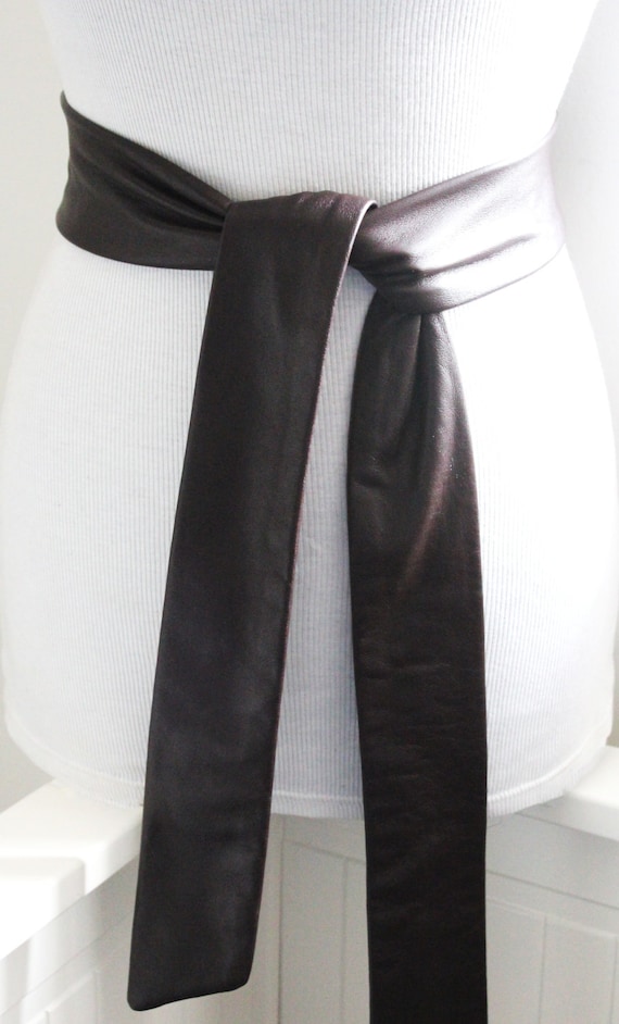 Dark Brown Soft Leather Coat Tie Belt Leather Narrow Belt