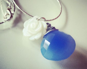 Thin snake necklace. Blue Onyx Briolette and Mother of Pearl flower cammeo charm.