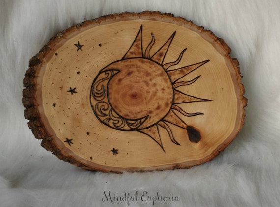 Items similar to Unique Wood Burned Sun Moon and Stars Bohemian Wall ...