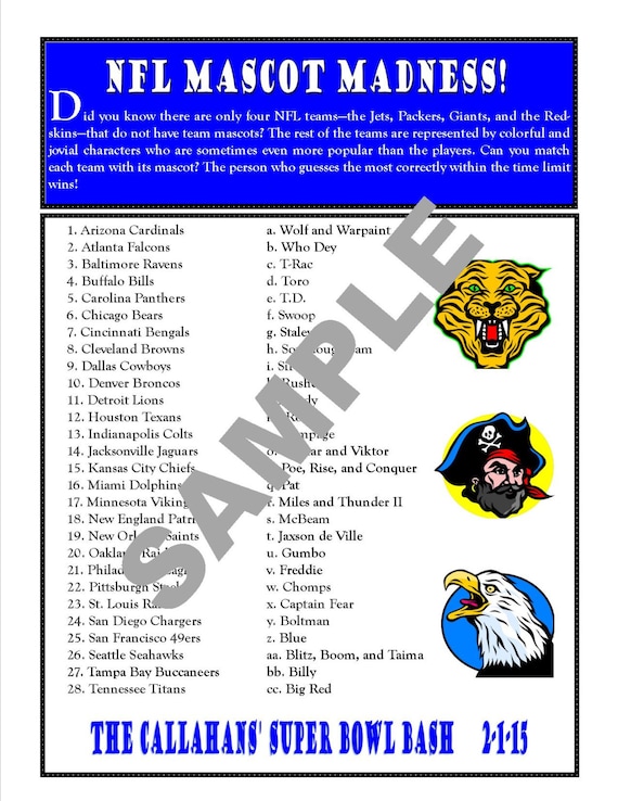 NFL Mascot Madness Printable Matching Game--Great for Super Bowl Parties and Invitations as Well as Gifts! Includes Answer Key