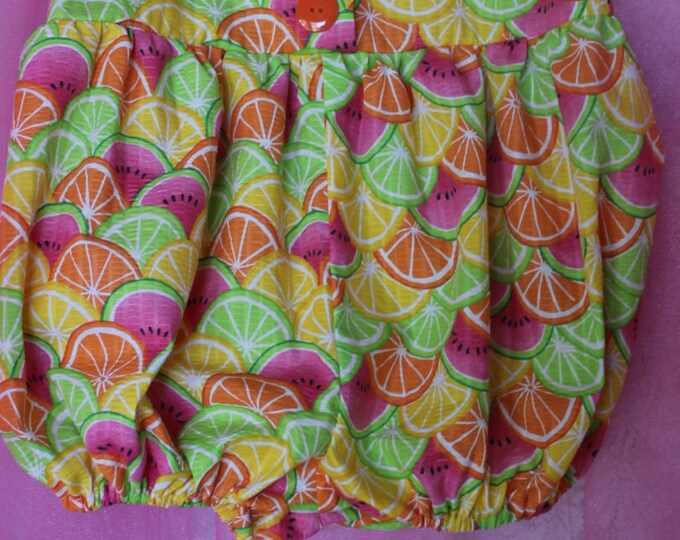 HALF PRICE ** Girl's Size 2 Short Bubble Romper Watermelon, Lime, Lemon, orange seersucker, with ruffle sleeves, rickrack trim & big buttons