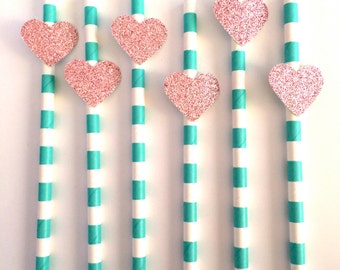 12 Teal Striped Paper Straws with Pink Glitter Heart - For Bridal Showers, Birthdays, Dinner Parties and Girls Nights