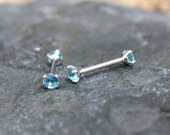 Nipple Ring,Bridge Piercing,Aquamarine Crystal Nipple Piercing 14G 16G, Prong Stone Internally Threaded,Surgical steel Straight,Sold Single