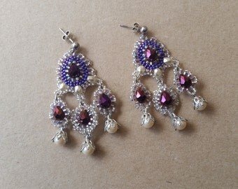 Statement Earrings, Large Earrings, Bead Embroidered Earrings, Sterling Silver Earrings, Chandelier Dangle Earrings, Beaded earrings