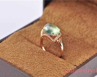 Prehnite ring in 14k rose gold with diamonds Handcra 4.5 carat Prehnite Gemstone Ring/Gift/Engagement ring/Anniersary ring/Green jewelry