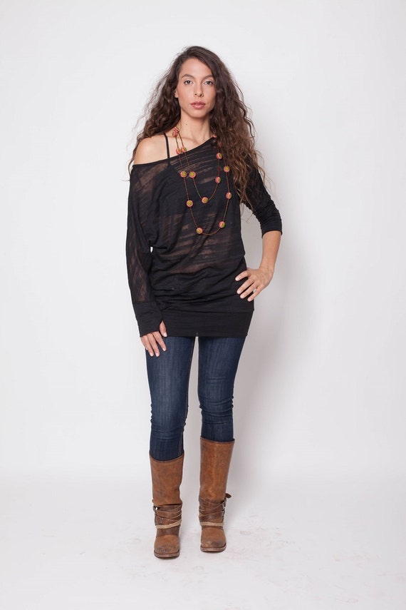 Long Sleeves Shirt, Sheer Stripe Black Shirt , Oversize Top, Overdize Tunic , Boho Chic by SamayaFashion steampunk buy now online