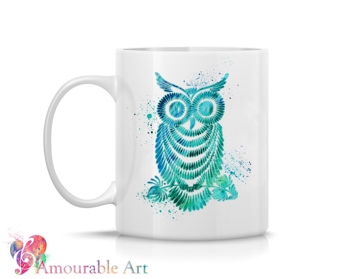 Coffee Mug Ceramic Mug Teal Owl Flower Mug Unique Coffee