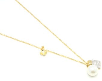 Pearl Sterling Silver Lock Pendant Yellow Gold Plated Necklace Free Shipping ! Free Gift Bag !