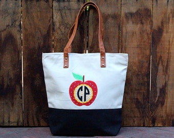 Monogrammed Apple Canvas Tote Bag - Black Canvas Tote Bag - Teacher Gift