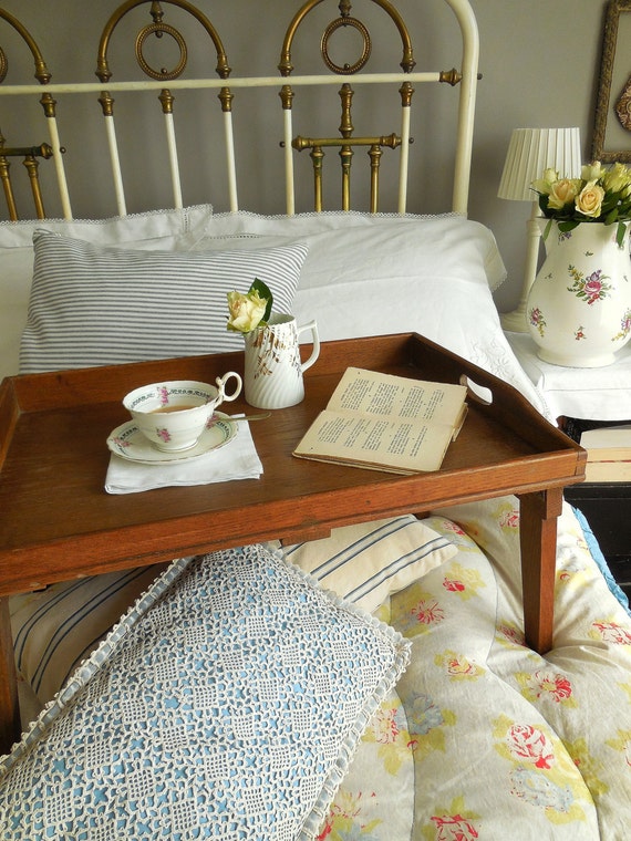 Solid oak vintage breakfast tray with folding legs
