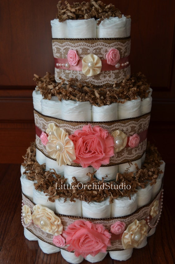 Items similar to Shabby Chic Diaper Cake/ Burlap and Lace ...