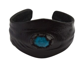 Leather Cuff Bracelet with Turquoise Stone. Black Leather Cuff Bracelet, Men's Women's Leather Cuff Bracelet, Turquoise Stone Leather Cuff