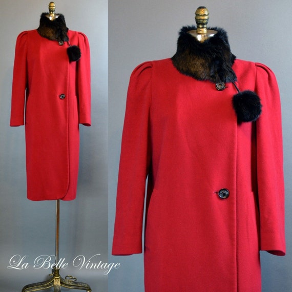 The Pomegranate Coat ~ Vintage 80s Red Cashmere Coat ~ Black Fur Collar & Pom Pom
