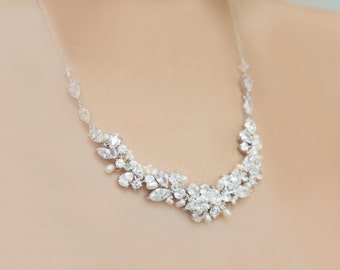 Bridal Silver Rhinestone, Freshwater Pearl, and Swarovski Crystal Wedding Necklace