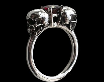 925 Solid Sterling Silver Dark Gothic Skull Engagement Ring with Red Garnet - Love to Death Ring - Inspired by Lovers Of Valdaro - ALL SIZES