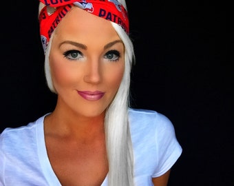 New England Patriots Red White Blue Dolly Bow Reversible Pinup Rockabilly Dolly Bow Headband Headscarf Hair Band Head Wrap Accessories