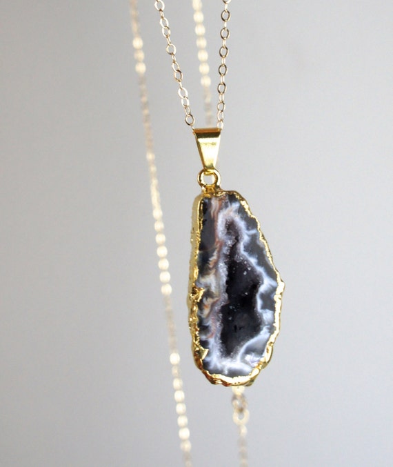 Half Geode Druzy Crystal Pendant Necklace Electroplated with