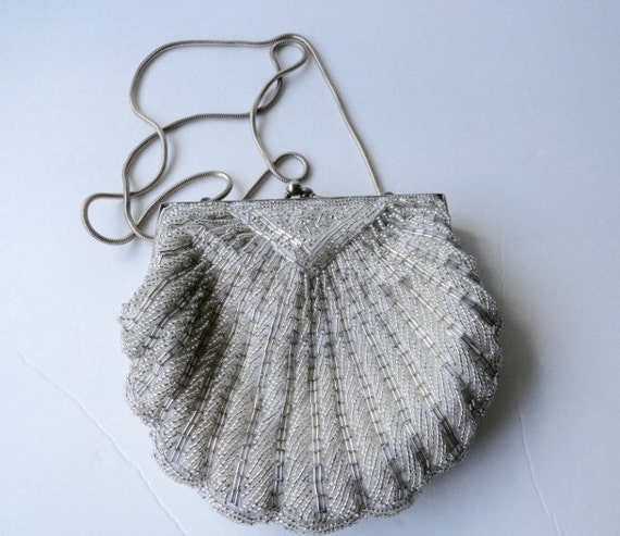 Vintage Glass Beaded Silver Evening Purse|SCALLOP SHELL Handbag ...