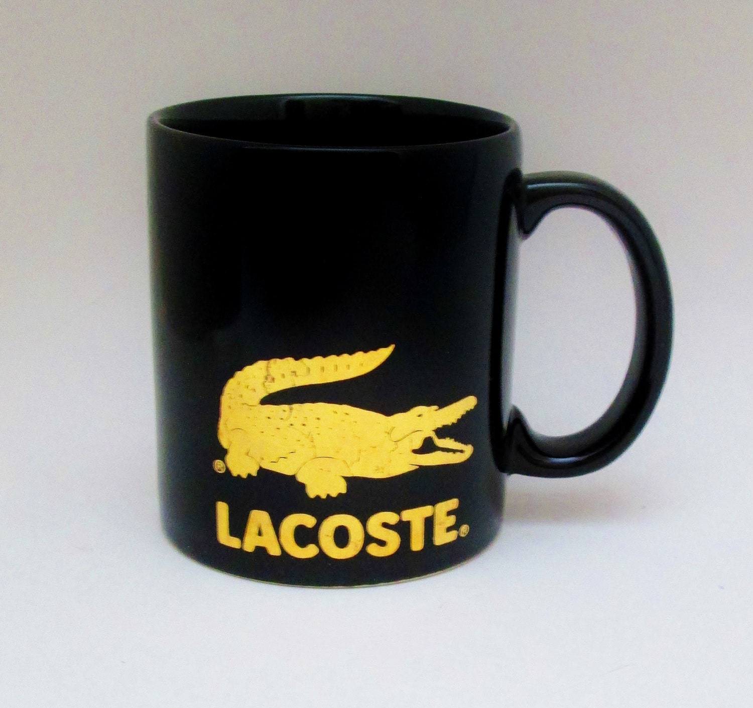 Vintage 1980's LACOSTE Coffee MUG / Cup Black w/ Gold