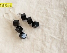 Boucles D'oreilles Pendantes En Argent 925 Avec Onyx Noir Ovale Et Cubes - Neuf Sans Boîte