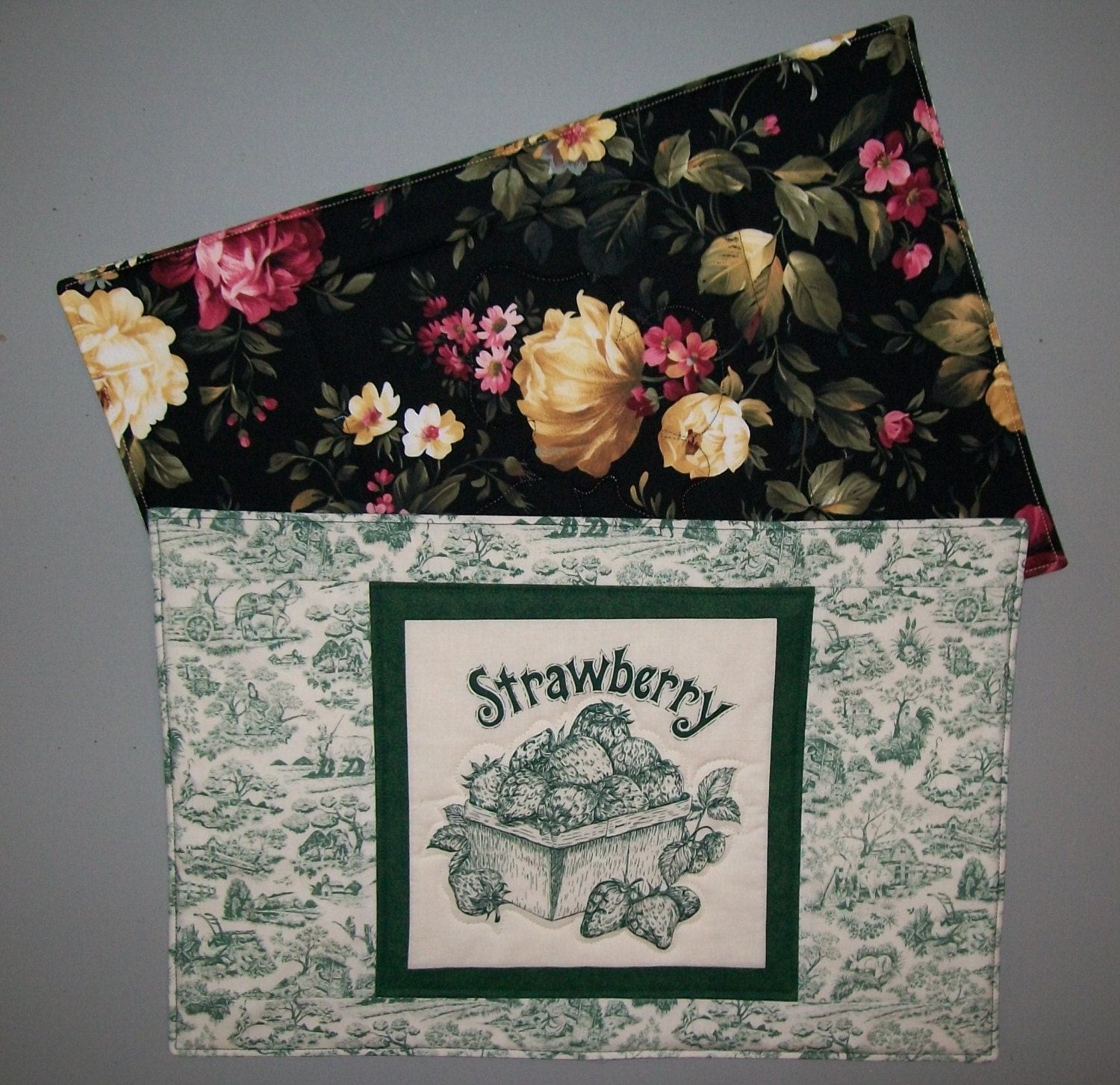Green toile reversible placemat strawberry mushroom early