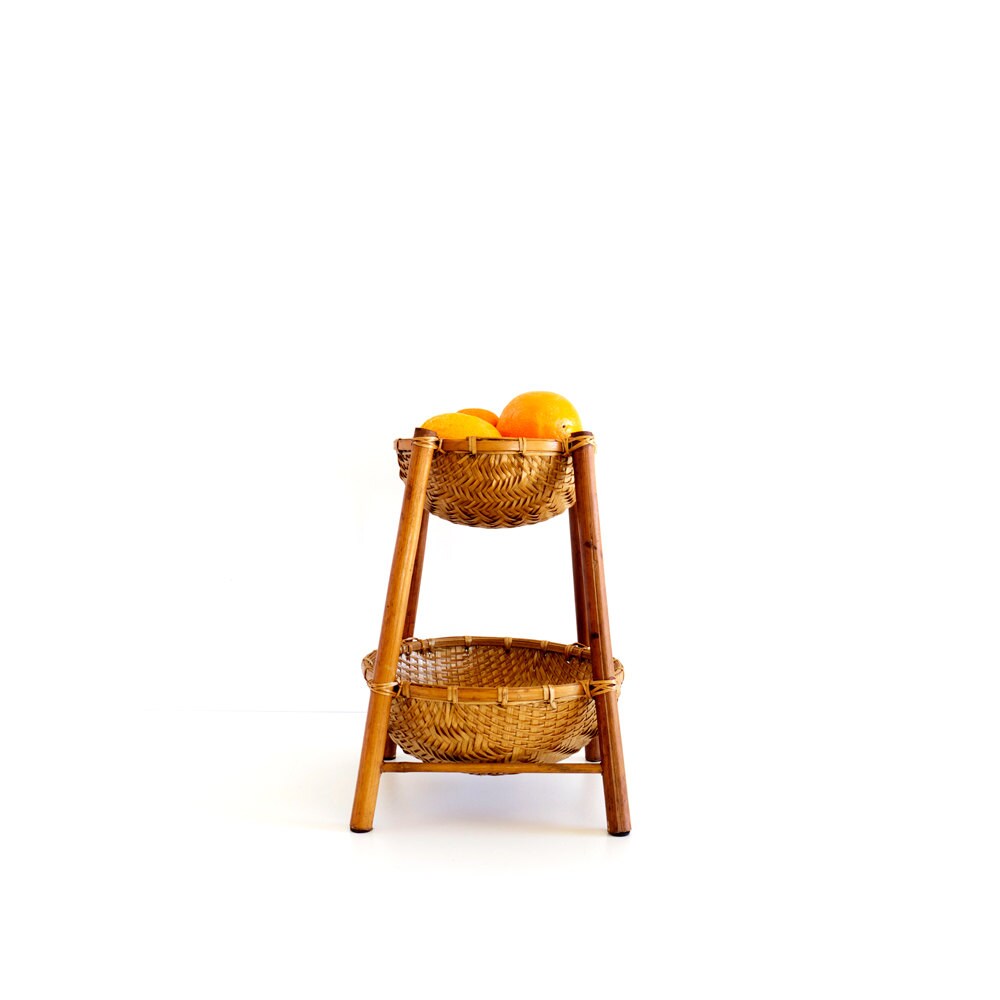 Vintage Rattan Two Tier Basket Fruit Stand Woven by TheCopperCrane