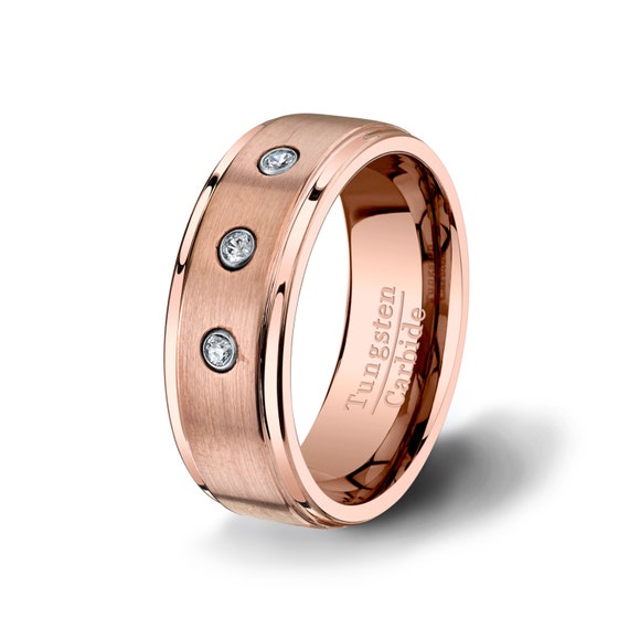 Mens Wedding Band Rose Gold Tungsten Ring with 3 Zircon Diamonds with ...