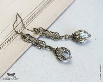 Art Deco Earrings, Brass Filigree Earrings, Edwardian Style Crystal Earrings, 1920's Ear Rings, Art Deco Jewellery, Handmade UK