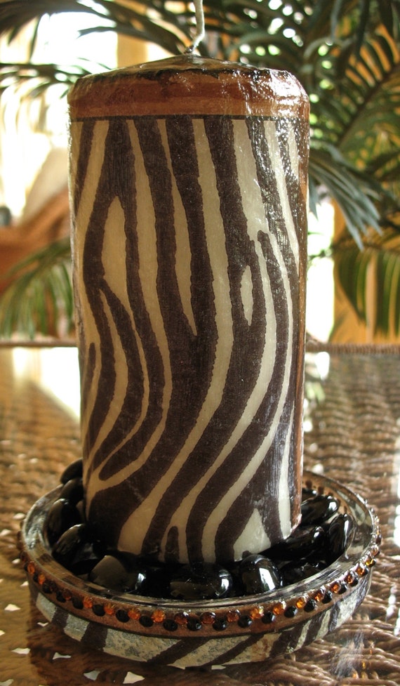 Zebra Print Pillar Candle and Glass Dish Trimmed by ForPrettySake