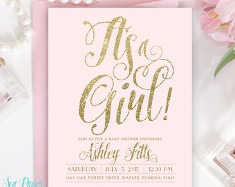Baby Girl Shower Invitation - Ava Blush Pink & Gold Glitter "it's A Girl" Invite - Printed Or Digital - Light Pink Pastel Party Invite