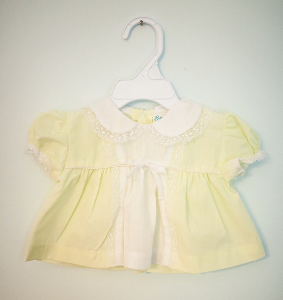 Vintage baby clothes baby girl pastel yellow dress with white