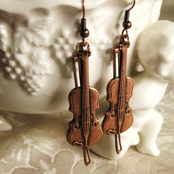Violin Earrings Vintage Copper MUSIC to MY EARS by TheQueensDowry