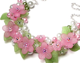 Springtime Love Pastel Pink & Green Floral Charm Necklace, Spring Flower Cluster Silver Necklace, Soft Pastel Colors, Romantic Gift for Her