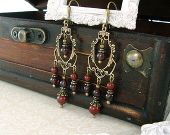 Natural Garnet Earrings - Victorian Style Genuine Garnet Red Earrings Swarovski Antique Brass Filigree Chandelier Earrings Victorian Jewelry