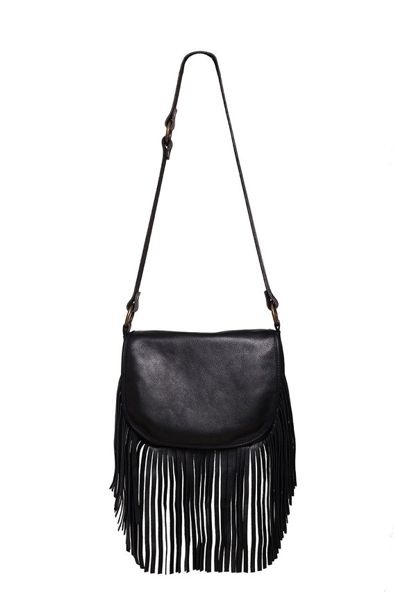 Black Fringe Handbag Boho Chic Bag Womens by TESLeatherDesign