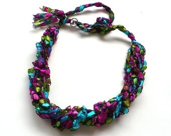 Pink & Aqua Ladder Yarn Necklace - Crocheted Ribbon Necklace, Fiber Jewelry, Vegan Jewelry, Handmade in the USA, Ready to Ship