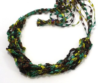 Green & Brown Ladder Yarn Necklace: Green Ribbon Necklace, Crochet Choker, Lariat Necklace, Vegan Necklace, Fiber Jewelry, Ready to Ship