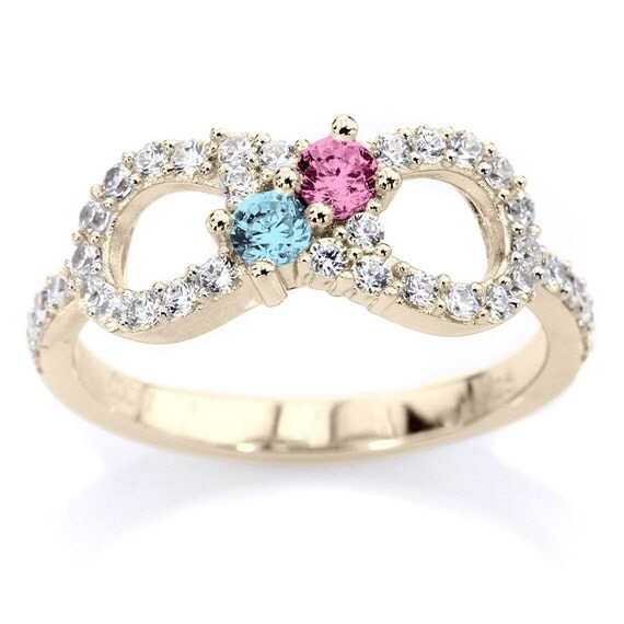 10k Personalized Couples Infinity Ring Solid White Yellow Or Rose Gold  w/ His and Hers Birthstones & Side Accents