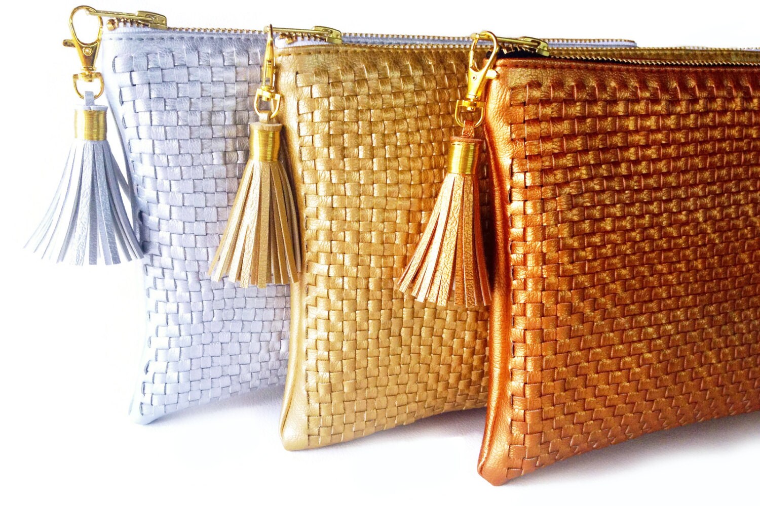 Hand Woven Clutch Bag Silver Gold Bronze Faux/Vegan by Qmuro