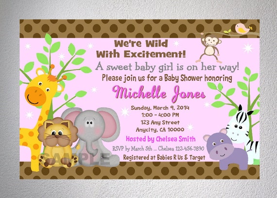 Jungle Animals Baby Shower Invitation Pink and by DPIexpressions