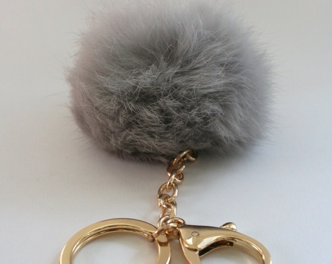 Grey Natural Limited Edition Very Rare Color Tone Genuine Rabbit fur pom pom keychain or bag pendant C
