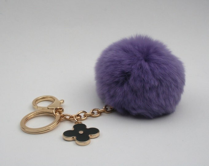 Pom-Perfect Purple REX Rabbit fur pom pom ball with black flower keychain