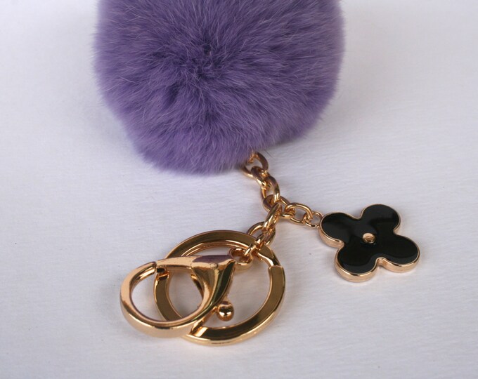 Pom-Perfect Purple REX Rabbit fur pom pom ball with black flower keychain