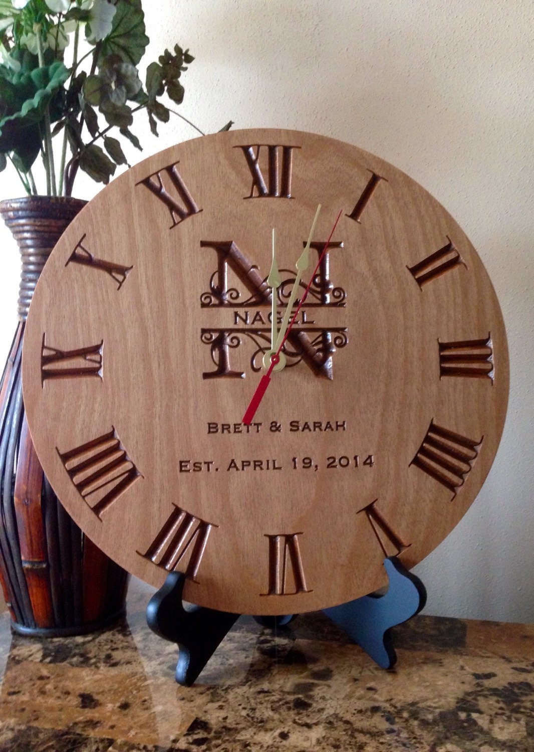 Monogram Family Name Clock carved/engraved by RCHgifts on Etsy