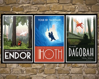 STAR WARS Set of 3 Travel Poster Vintage Print Wall Art Empire Strikes Back Return of the Jedi Room Decor