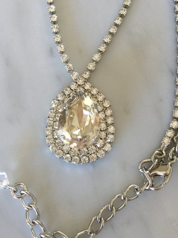 Large Pear Cut Swarovski Silver Shade Crystal Bridal, Cocktail Necklace