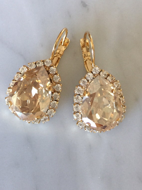 Large Pear Cut Swarovski Crystal Golden Shadow Bridal, Cocktail Earrings