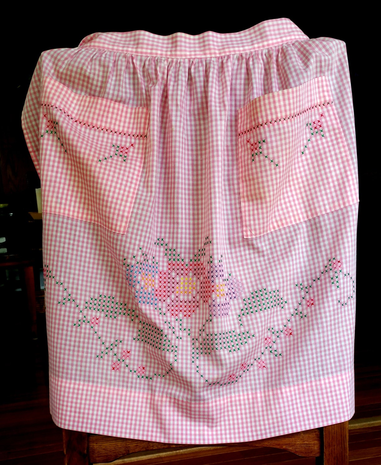 Pink Gingham Apron Cross Stitch Embroidery by BlindedByDelight